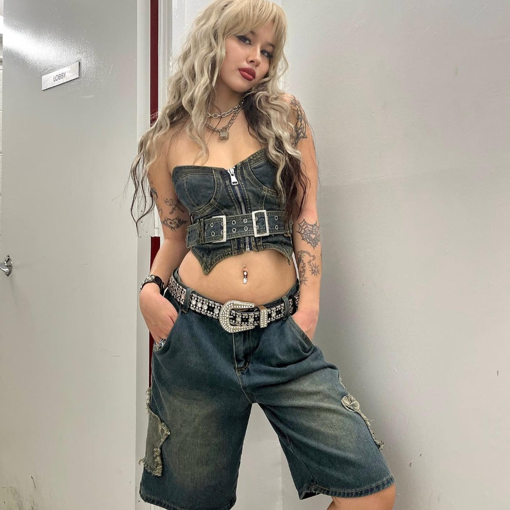 Street Trendy Star Patchwork Denim Shorts