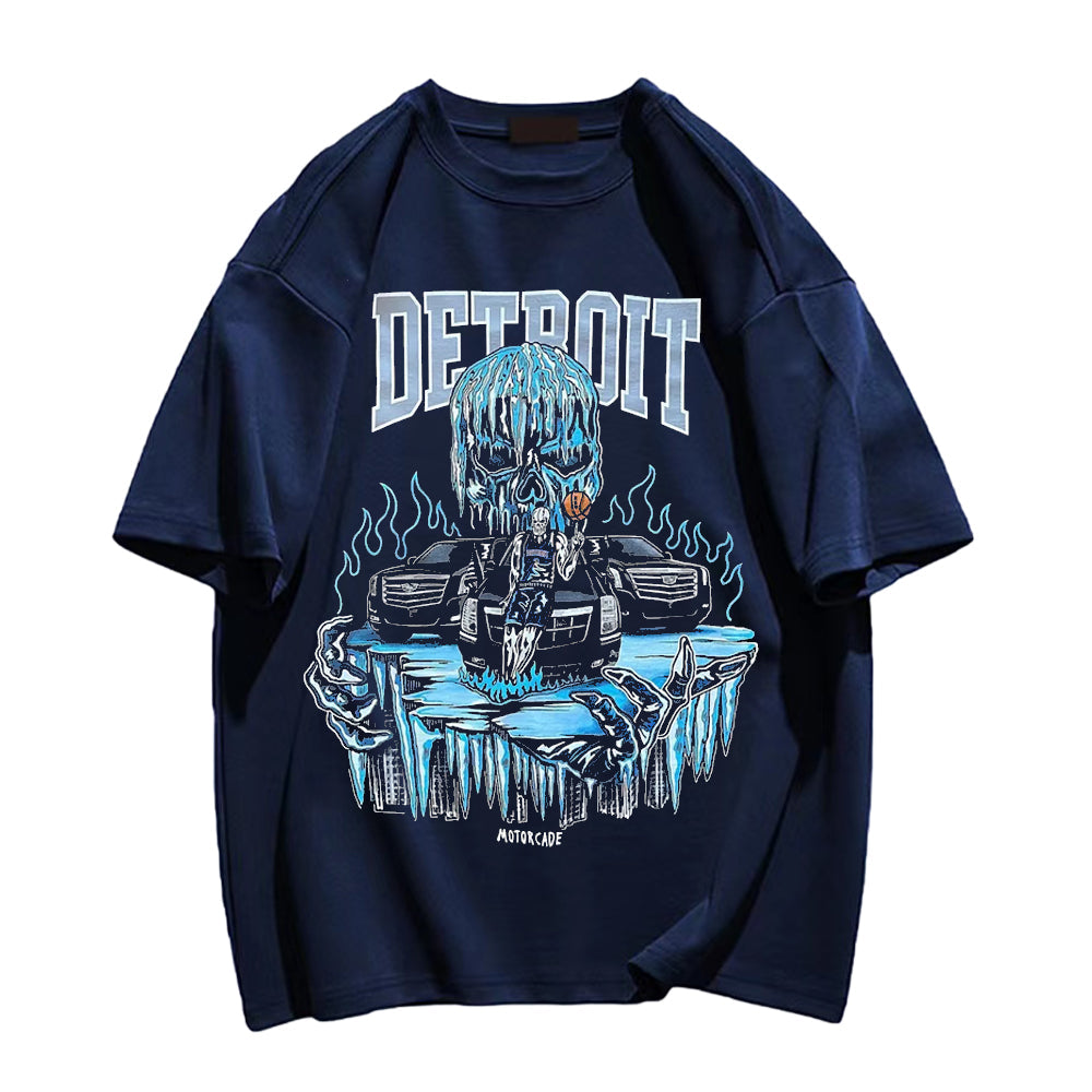 Anime Skull Detroit Print Crew Neck T-shirt