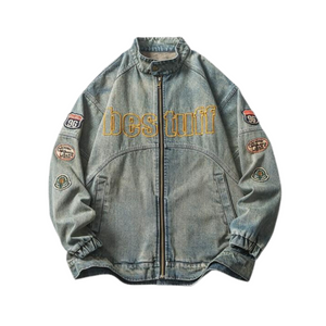 Retro Stand Collar Embroidery Denim Jacket