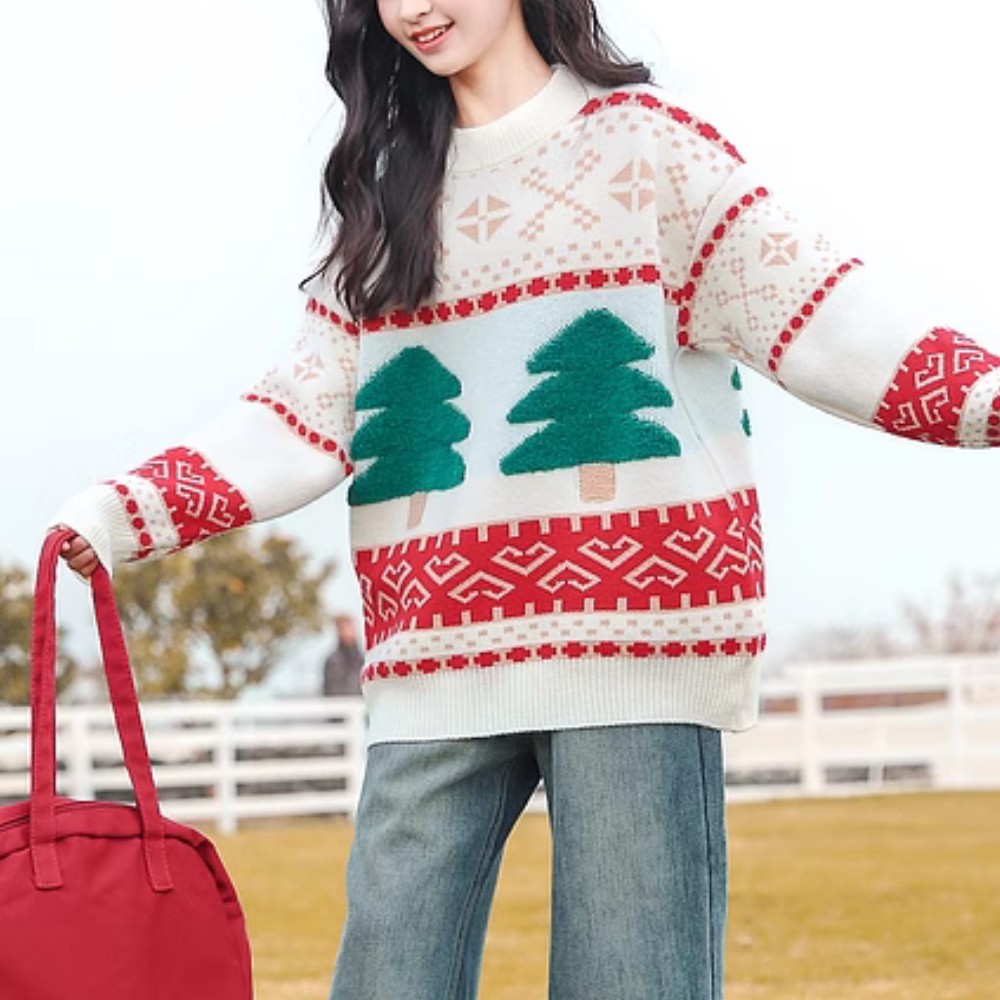 Women's Classic Flocked Christmas Tree Sweater