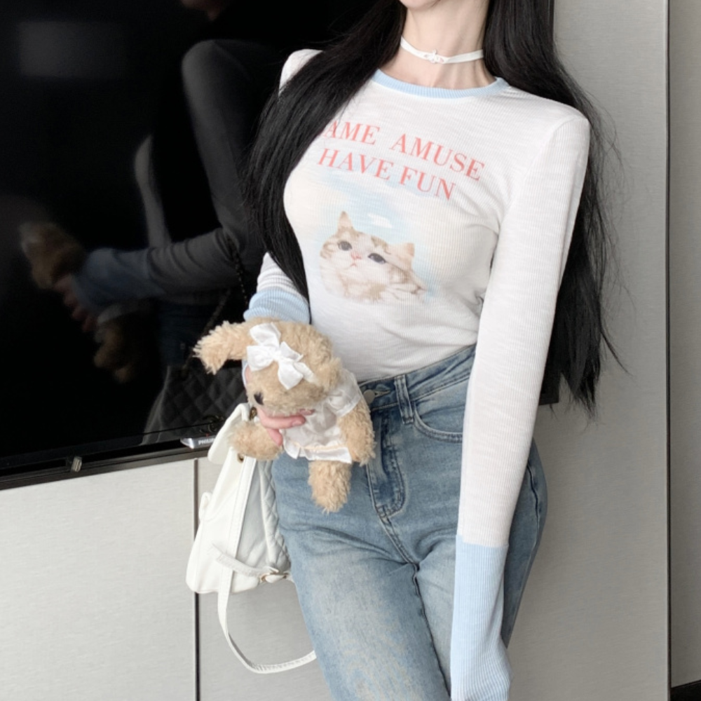 Women's Hot Girl Cat Print Long Sleeve Shirt