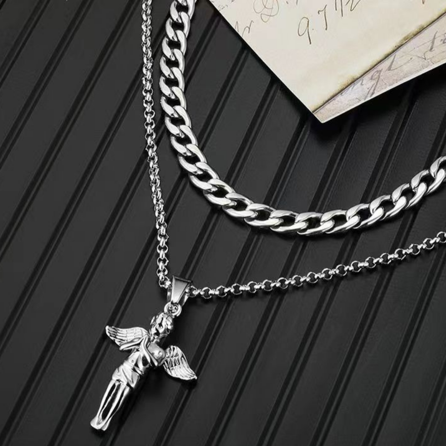 Hip Hop  Angel Pendant Double Wave Necklace