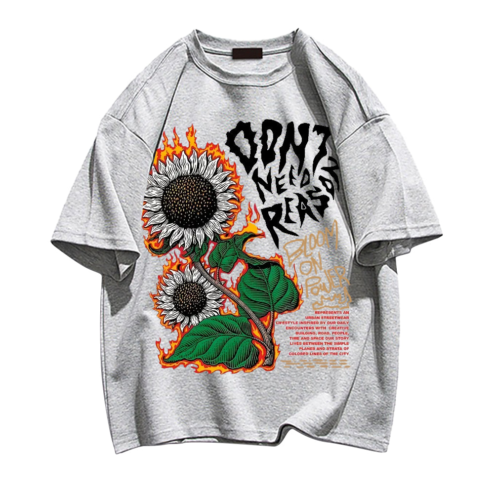 Burning Sunflower And Slogan Print Trendy T-shirt