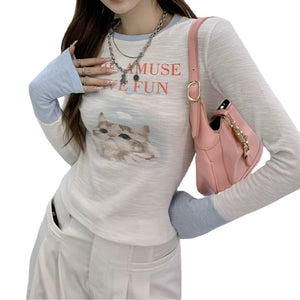 Women's Hot Girl Cat Print Long Sleeve Shirt