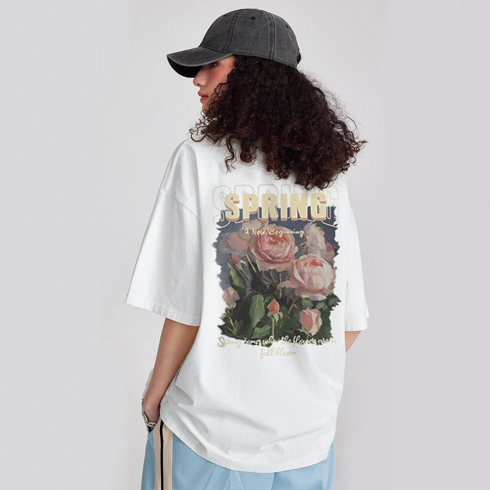 Pure Cotton 260G Spring Rose Print T-Shirt