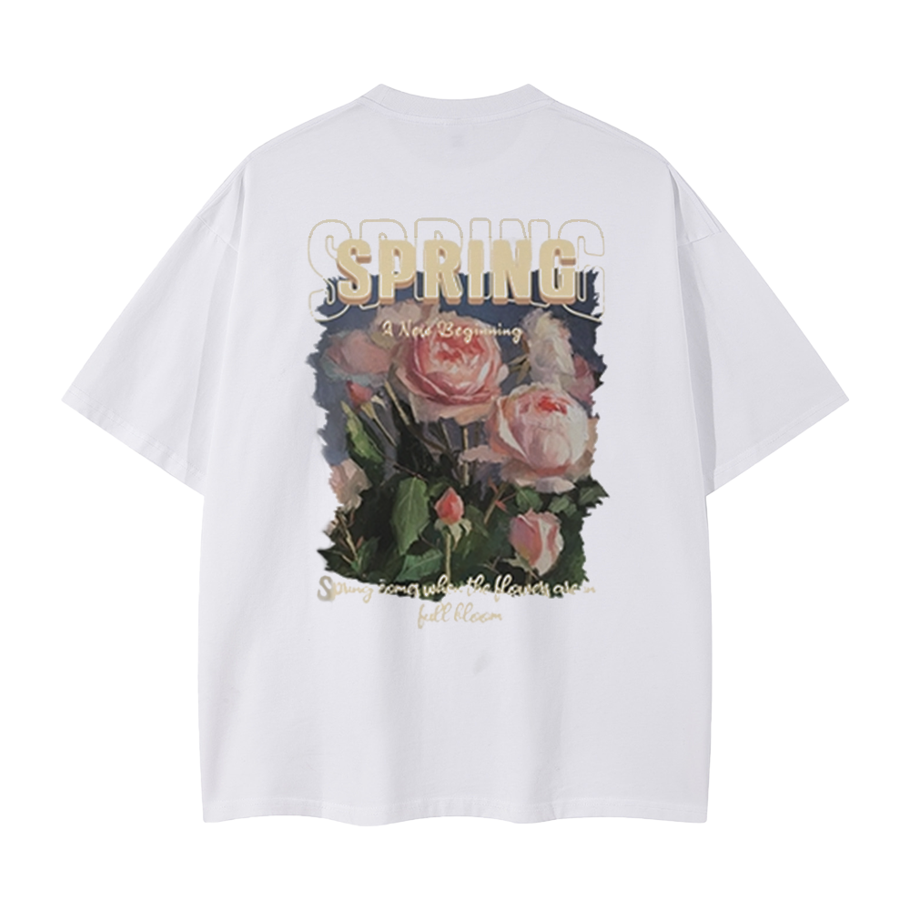 Pure Cotton 260G Spring Rose Print T-Shirt