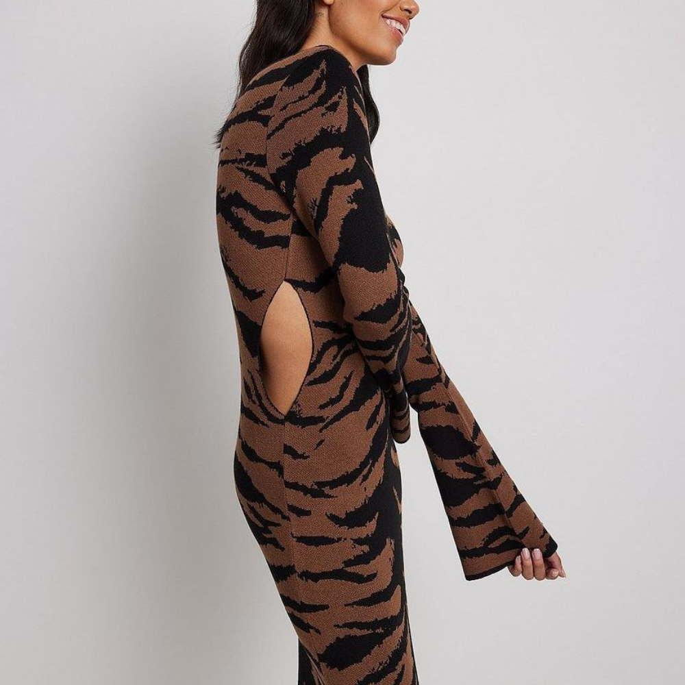 Women's Brown Striped Knitted Long Dress