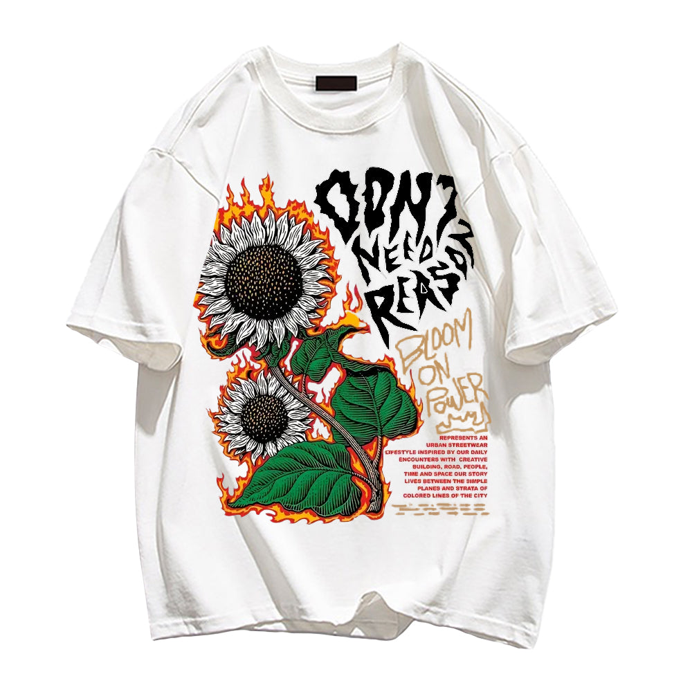 Burning Sunflower And Slogan Print Trendy T-shirt