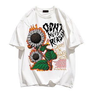 Burning Sunflower And Slogan Print Trendy T-shirt