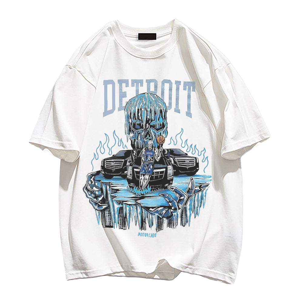 Anime Skull Detroit Print Crew Neck T-shirt