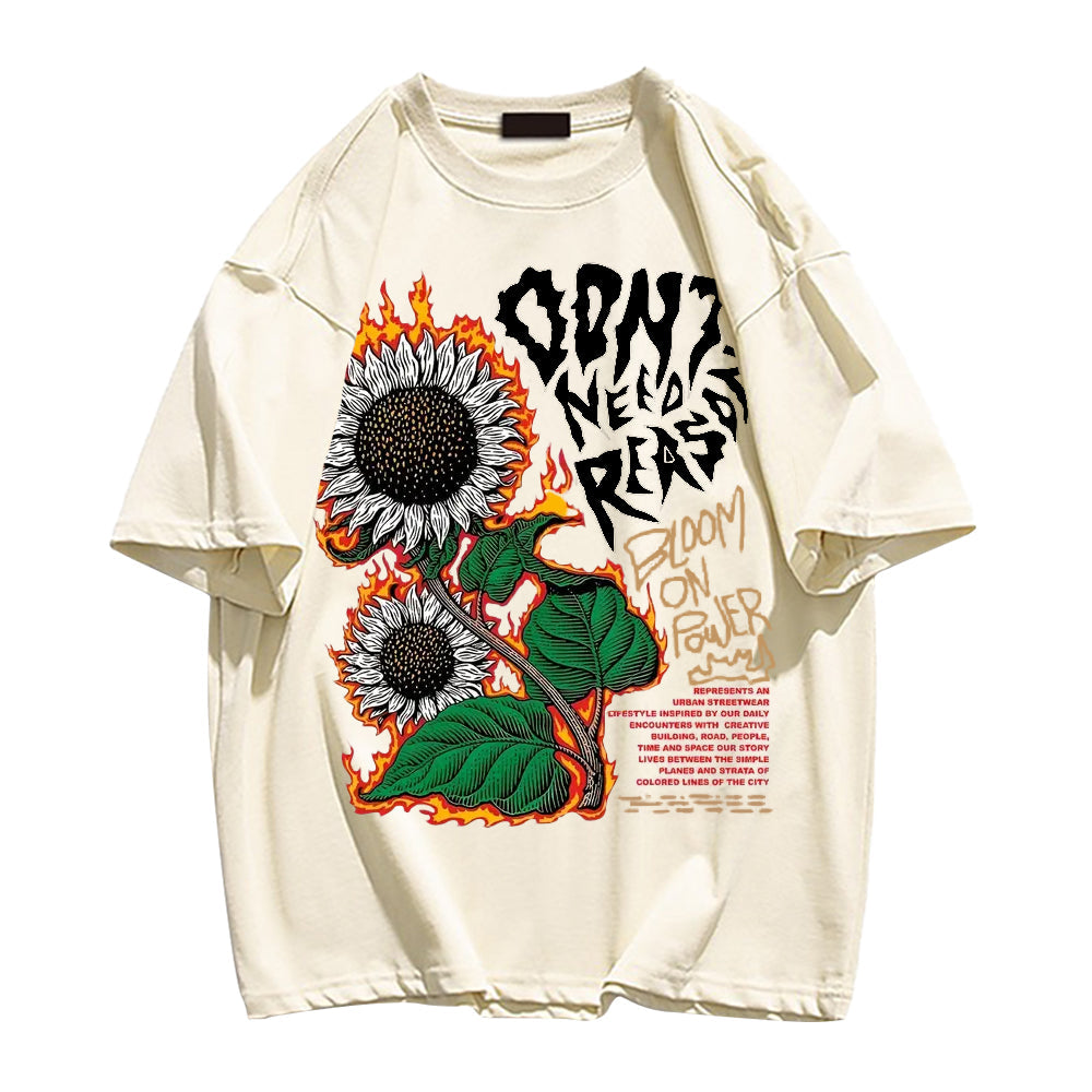 Burning Sunflower And Slogan Print Trendy T-shirt