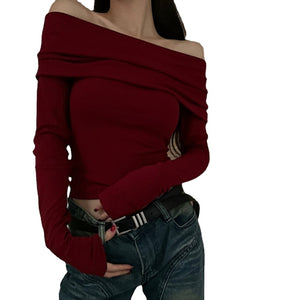 Women's  Retro Red One Shoulder Long Sleeve