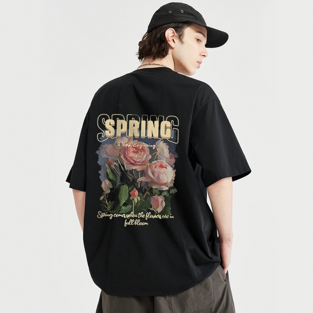 Pure Cotton 260G Spring Rose Print T-Shirt