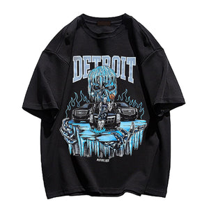 Anime Skull Detroit Print Crew Neck T-shirt