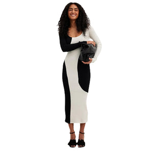 Women's Black and White Contrast Long Dress