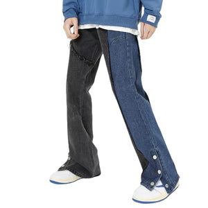 American Blue-Black Patchwork Straight Jeans