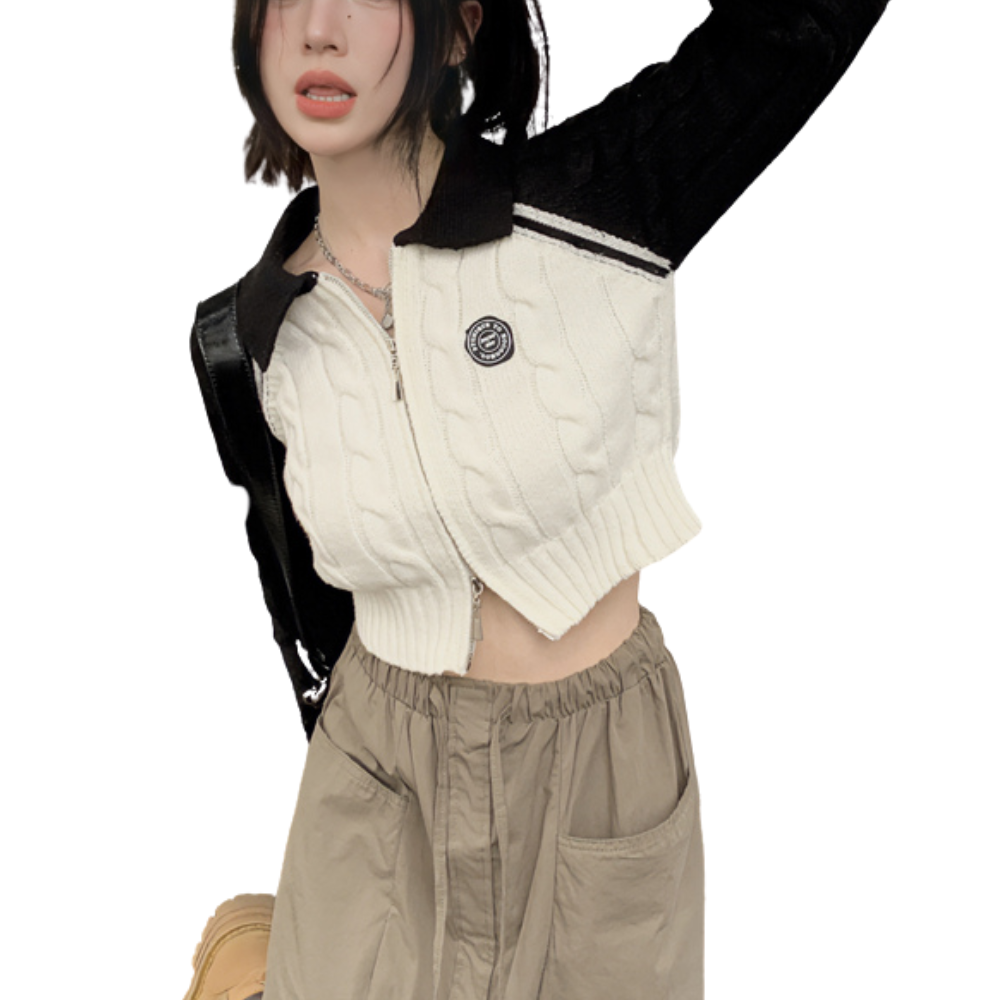 Women's Preppy Zipper men's lapel knitted sweater cardigan