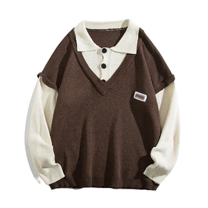 Literary Fake Two-piece Polo Collar Sweater