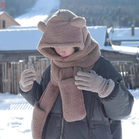 Bear Hat Scarf Gloves Three-piece Suit Integrated