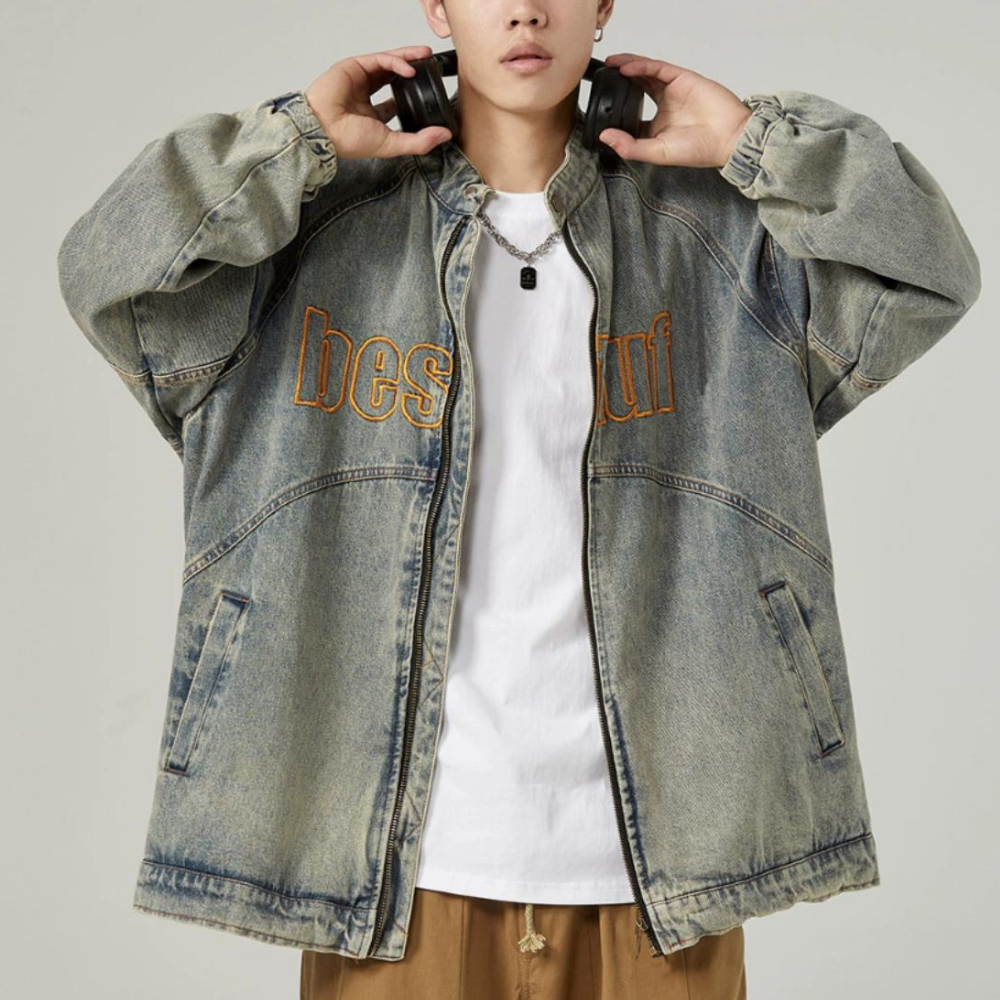 Retro Stand Collar Embroidery Denim Jacket