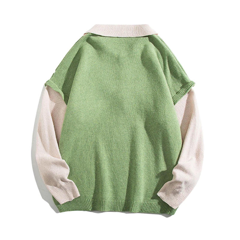 Literary Fake Two-piece Polo Collar Sweater