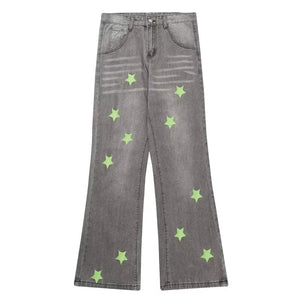 Green Star Embroidery Straight Jeans