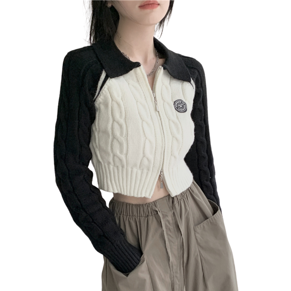 Women's Preppy Zipper men's lapel knitted sweater cardigan