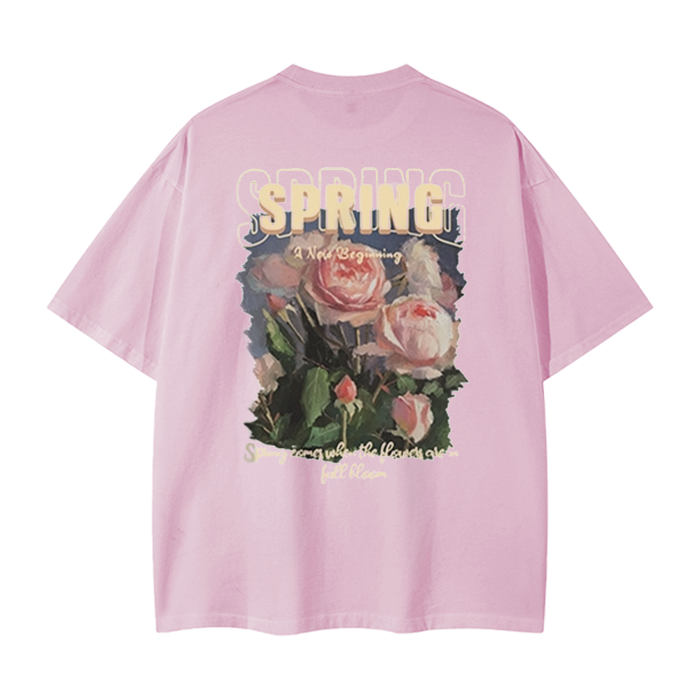 Pure Cotton 260G Spring Rose Print T-Shirt