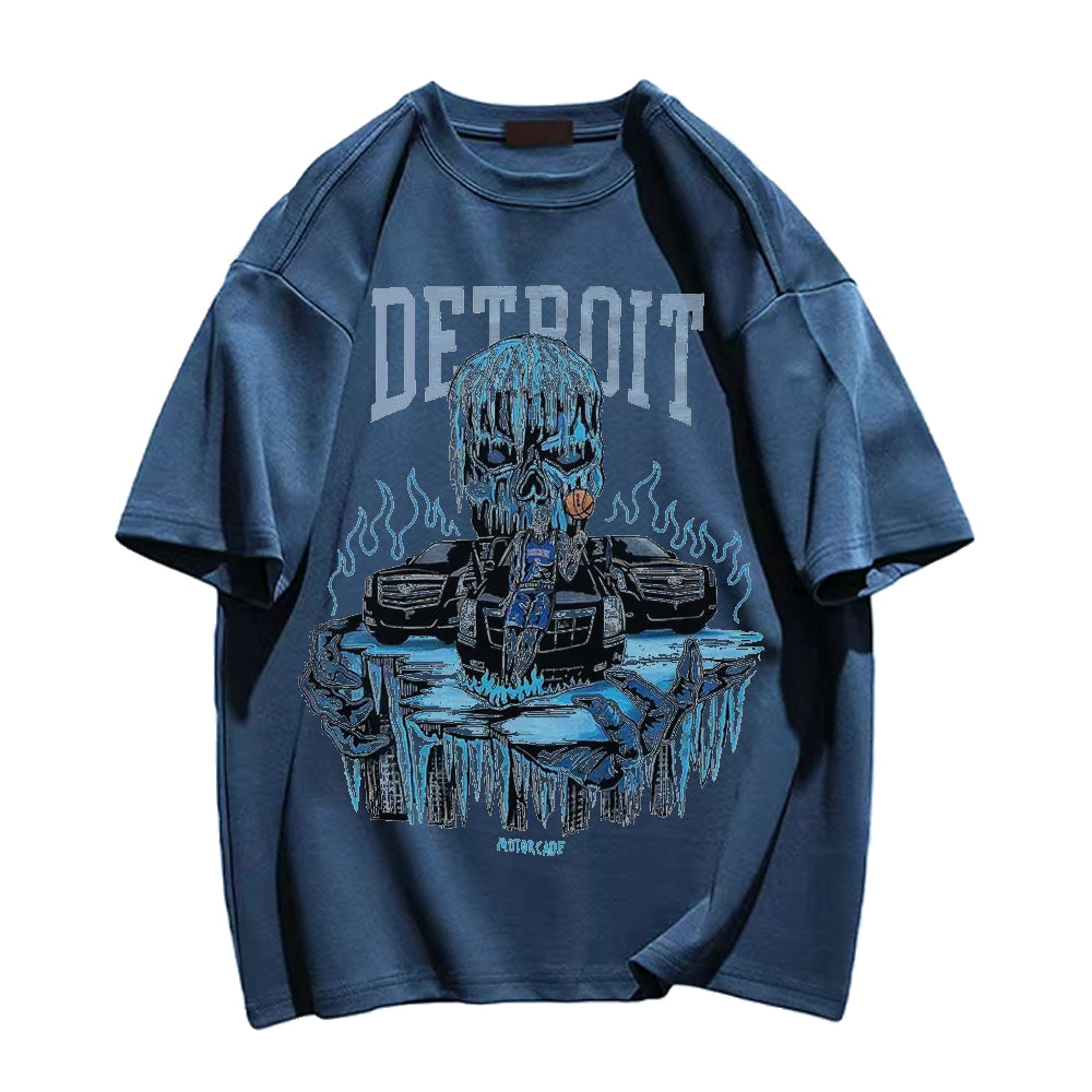 Anime Skull Detroit Print Crew Neck T-shirt