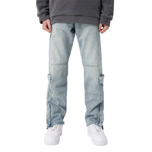 Solid Color Zip Regular Washed Jeans